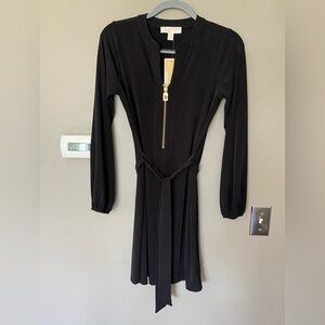 NWT MICHAEL KORS Elegant Black Dress With Gold Zipper Long Sleeve Size XS